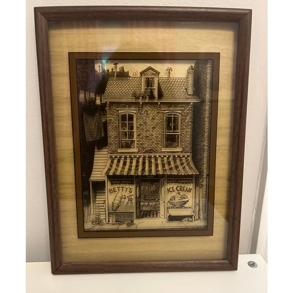 Vintage 1970's retro quaint old fashion ice cream shop print